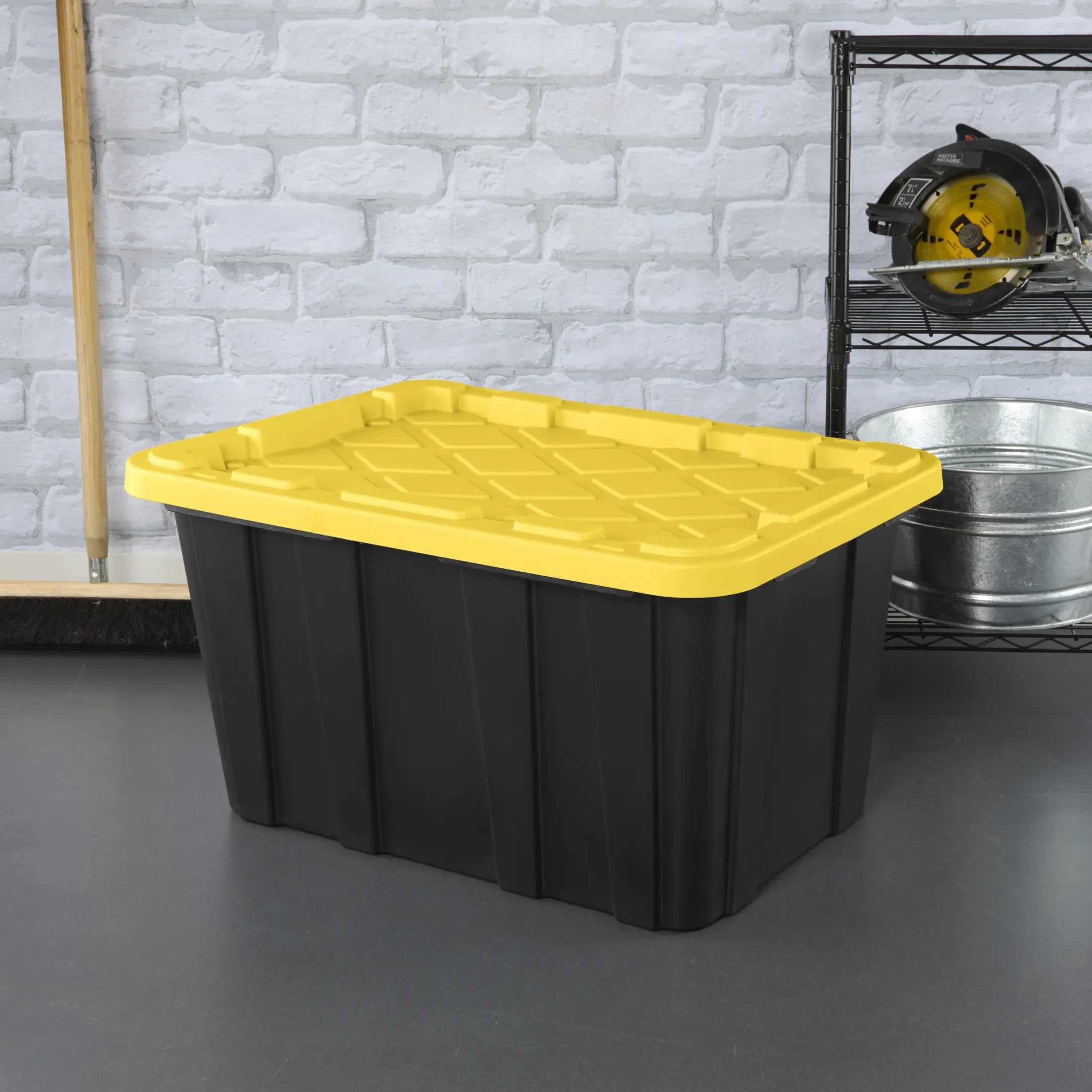 Large Storage Bin, 27 Gallon Durable Plastic Storage Tote with Snap-On Lid, Black and Yellow, 6 Pack