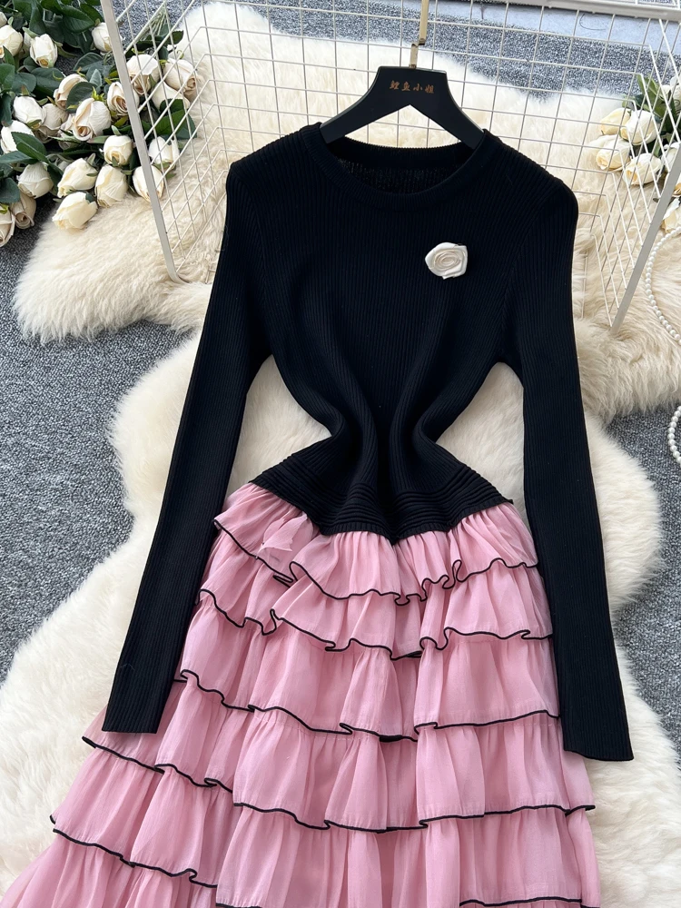 Vestido E de Manga Longa em Camadas Tricotado para Mulheres, Saia A-Line de Cintura Alta, Estilo Luxuoso para o Dia a Dia