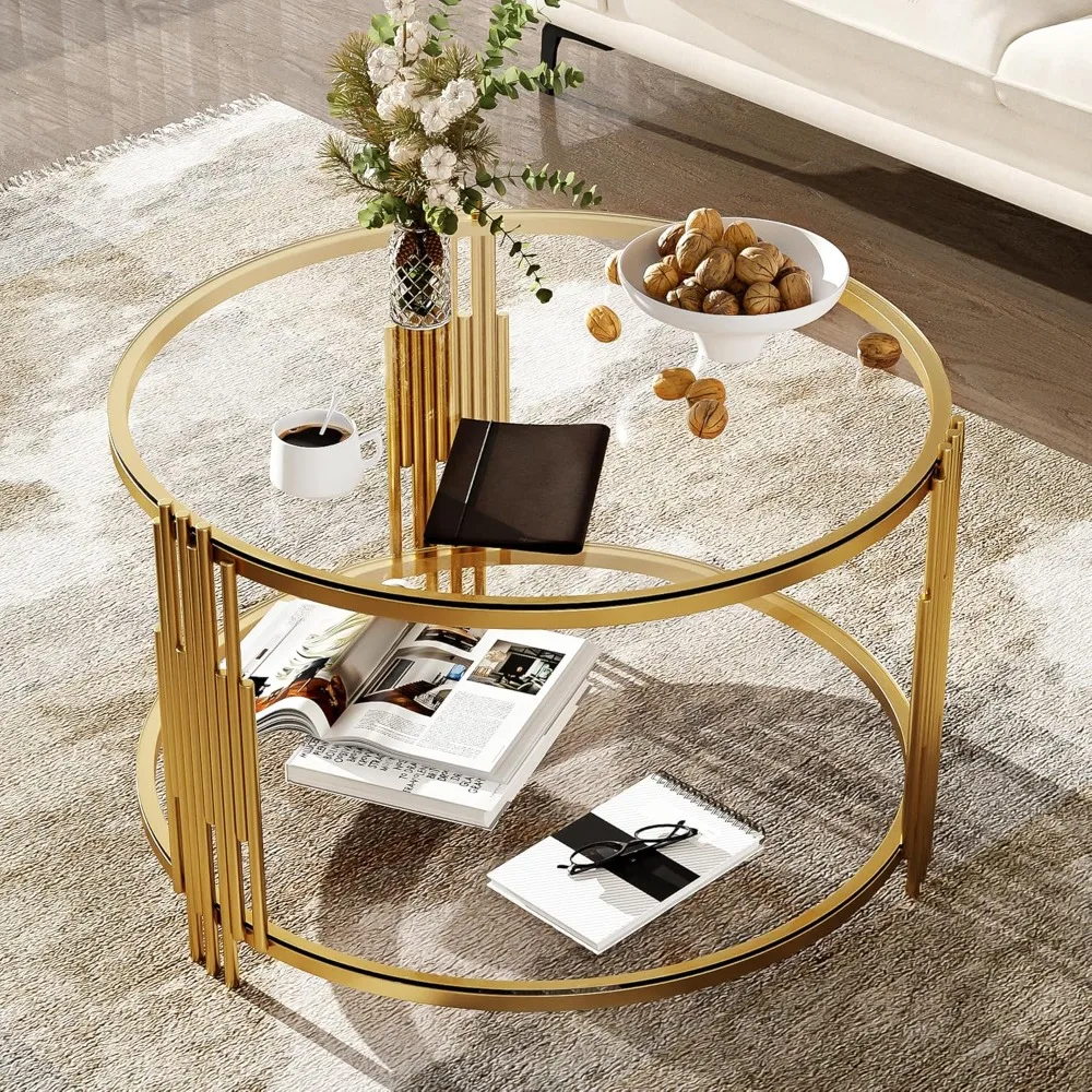 

31.5 Mirror Glass Coffee Table, Asymmetrical Metal, Circular Metal Drum Base, Gold Finish Lower Shelf Modern, Transparent