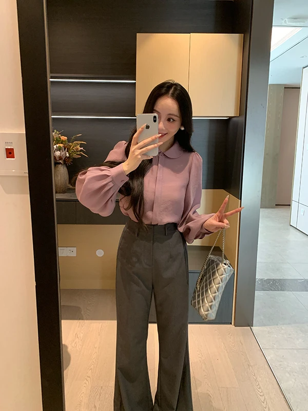 

Весенняя шелковая женская блузка с рукавами-фонариками, однотонная, с воротником «Питер Пэн», удобная, свободного кроя, с длинными рукавами, для делового и повседневного стиля