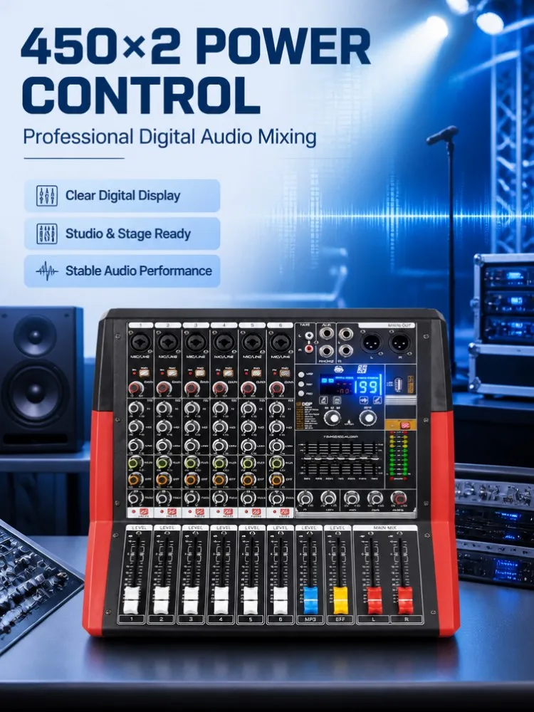 NXG 450W+450W 6-Kanal-Powermixer mit 99 DSP-Effekten, 7-Band-EQ, USB-Aufnahme, eingebauter Soundkarte, Leistungsverstärker-Mixer für Bühne, DJ, KTV