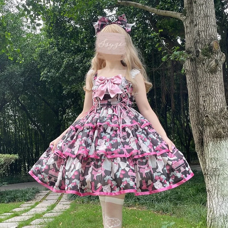 

Strawberry Jsk Three Piece Print Cute Sweet Strap Lorita Dress Pink Dresses Kawaii Bear Sling Dress Lolita Princess