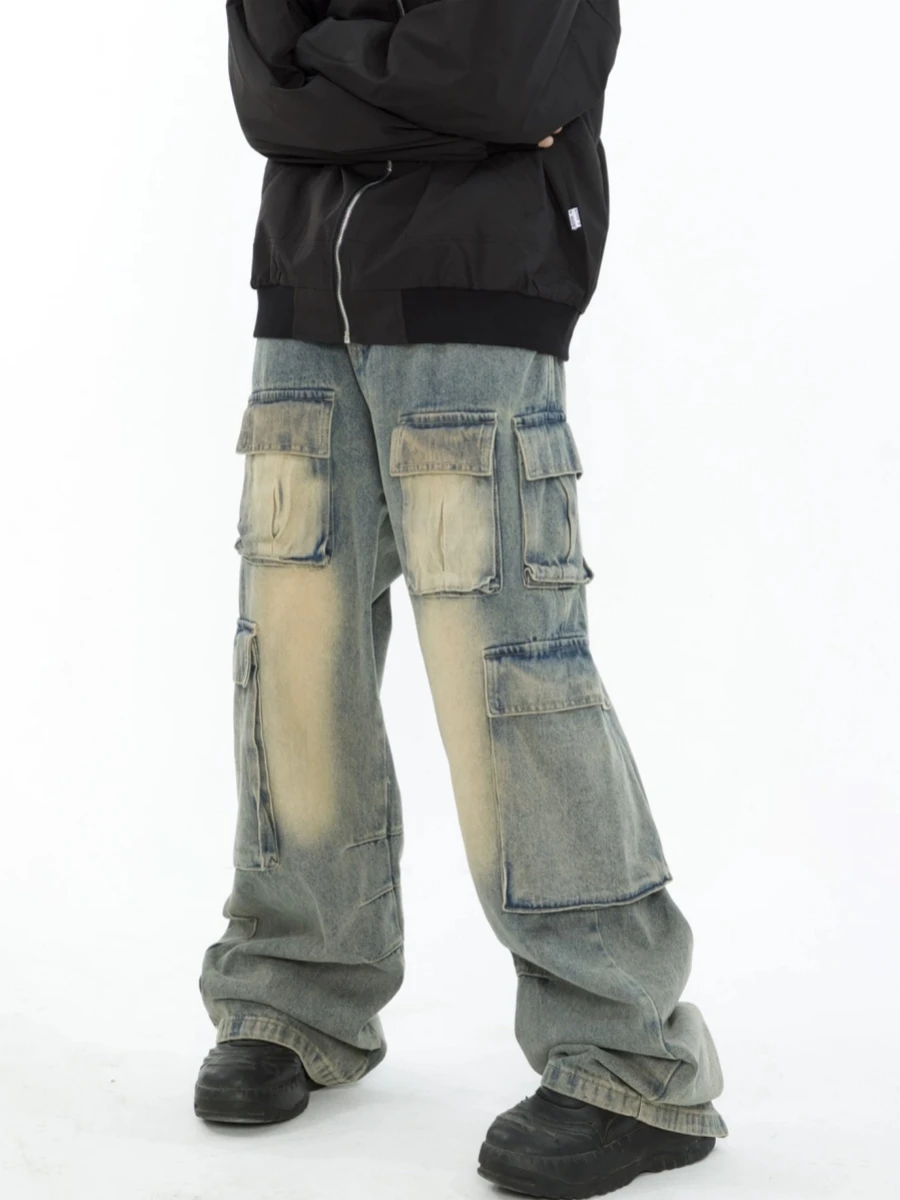 

American Retro Men's Denim Jeans Multiple kets Wide Leg Straight Cut Summer Cleanfit High Waist Long Pants Casual Workwear