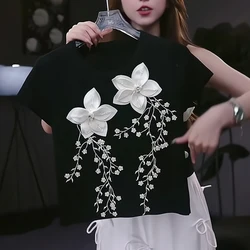 女性用半袖刺embroidered Tシャツ,ラウンドネック,白い光沢のあるTシャツ,knitwear,3D,夏,2022