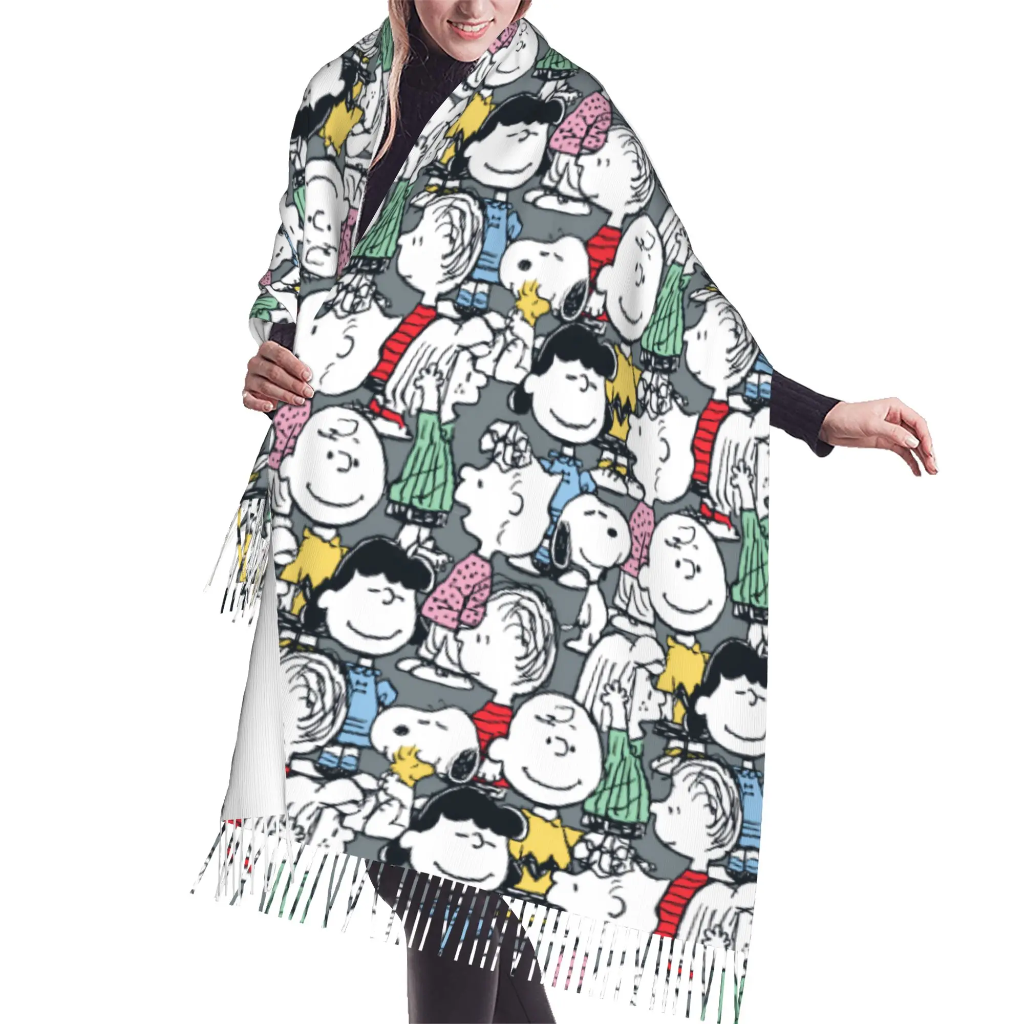 Custom Lady Long S-snoopied Dog Scarves Women Winter Soft Warm Tassel Shawl Wrap Anime Manga Scarf