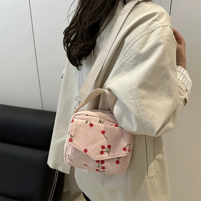 Cute Cherry Print Crossbody Bag, Versatile Corduroy Small Square Bag for Outings, Portable Handbag, Shoulder Bag