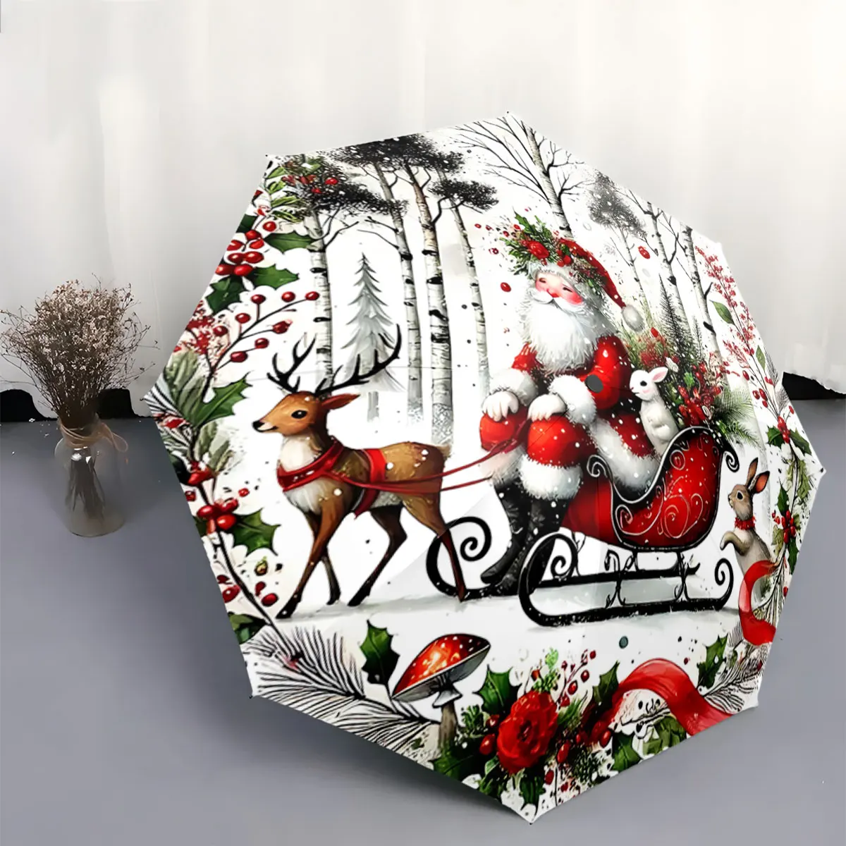 Santa Claus Sleigh with Deer Winter Forest Christmas Art portable waterproof sun rain umbrella for outdoor travel beach