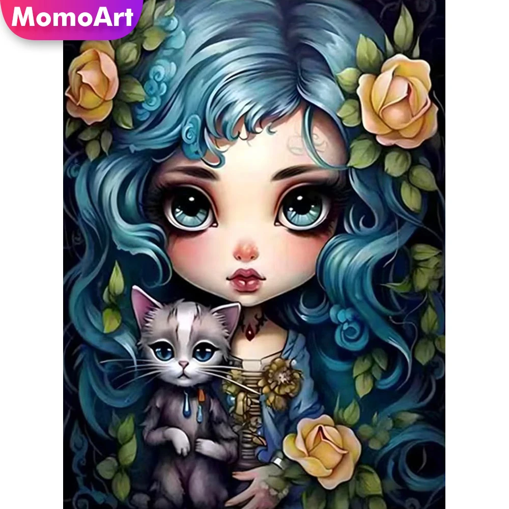 Momoart Diamant Malerei Mädchen Cartoon Charakter Porträt Muster für Erwachsene Anfänger DIY Katze Diamant Mosaik Wanddekoration