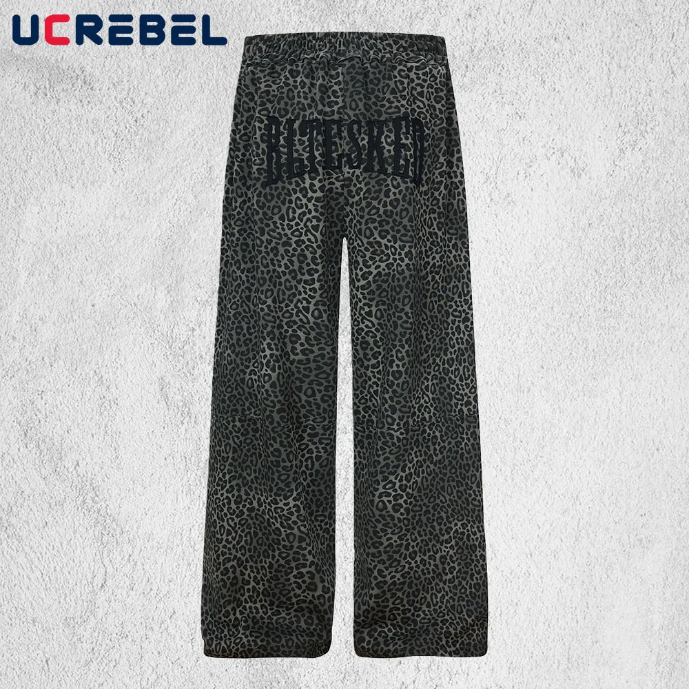 

Леопардовые спортивные штаны с буквенной нашивкой, мужские ретро уличные эластичные брюки с широкой талией, прямые мешковатые повседневные брюки, мужские