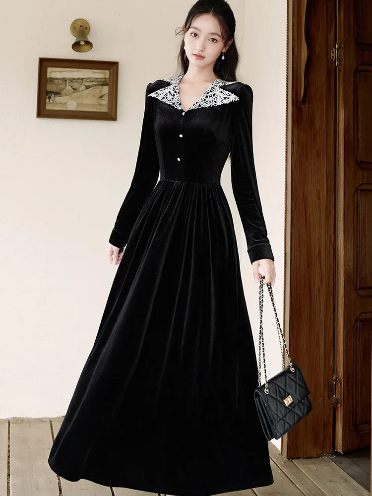 韓国風ヴィンテージ風ヘップバーン風高級イブニングドレス 秋冬 ブラックベルベット パッチワークドレス 2025 エレガント ボディコン フェスティバルドレス
