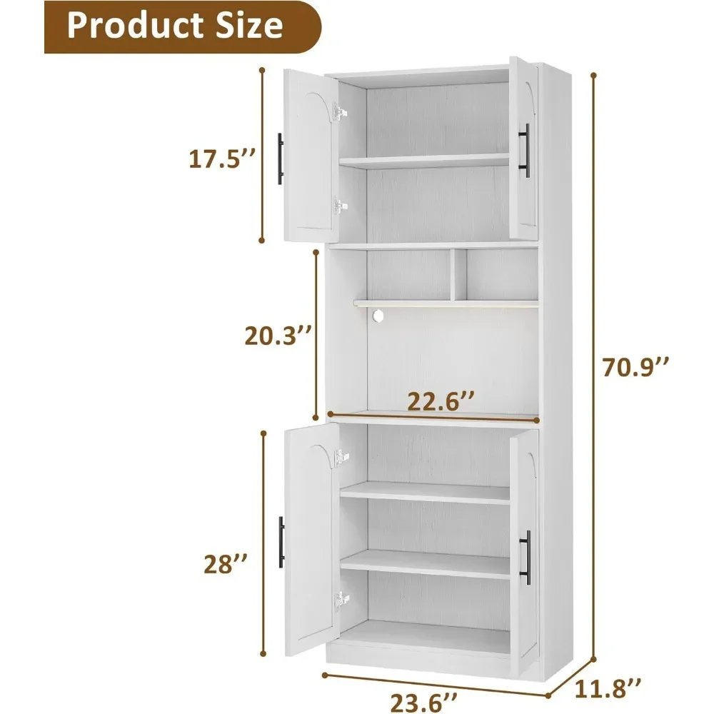 71” Tall Kitchen Pantry Storage Cabinet with Microwave Shelf and LED Light, Storage Cabinet with Door and Shelve, Hutch Cabinet