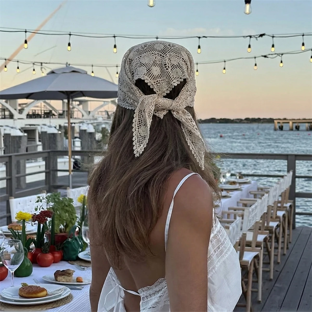 Women Lace Triangle Scarf Sweet Girls Sunscreen Scarf Spring Summer French Beach Style Hair Tie Vintage Female Lady Muslim Hijab