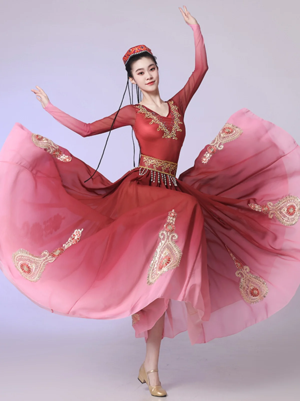 Costumes de spectacle de danse du Xinjiang pour femmes, robe folklorique ouïghoure de la minorité ethnique, jupe de scène de pratique nationale mongole et tibétaine