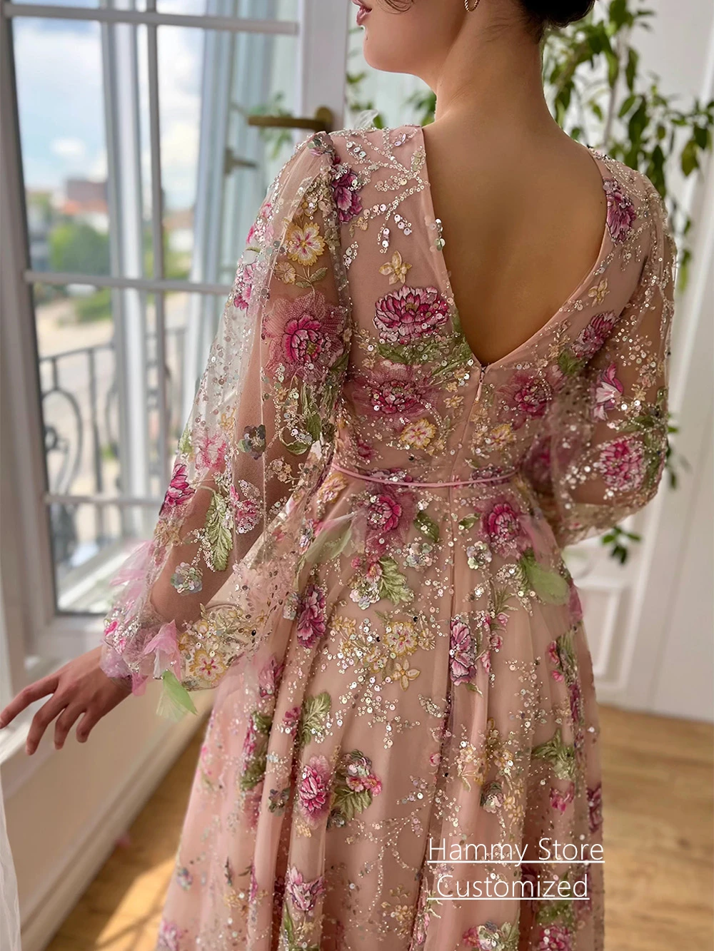 Sparkling Lace Evening Dress Customized V Neck Long Sleeves See Through Flowers A Line Pageant Party Gown Prom Dresses