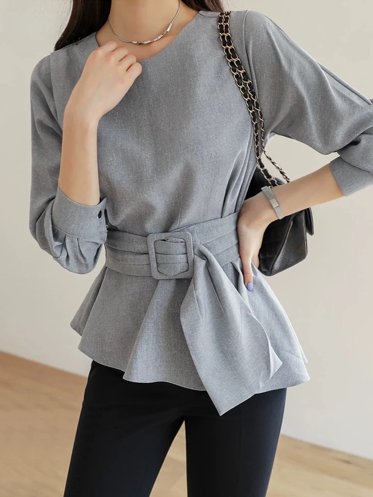 ADAgirl Gray Shirts for Women Elegant Half Sleeve Blouse Female Spring Summer Korean Fashion Office Lady Irregular Pleated Tops