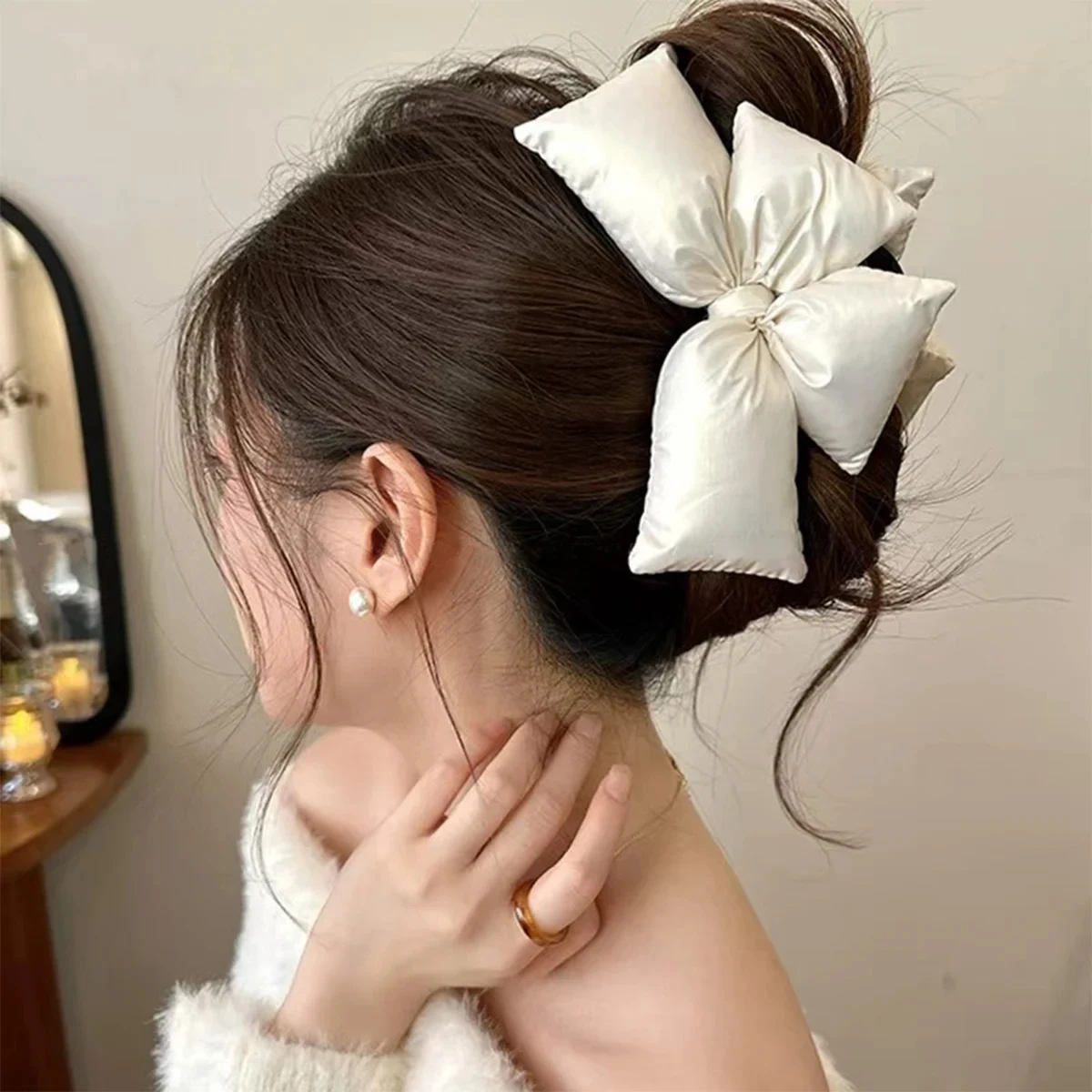 1pc/2pcs Black Leather Cotton Stuffing Bow Claw Clip,Large Jaw Clips for Thick Hair,No-slip Fashion Winter Hair Accessory