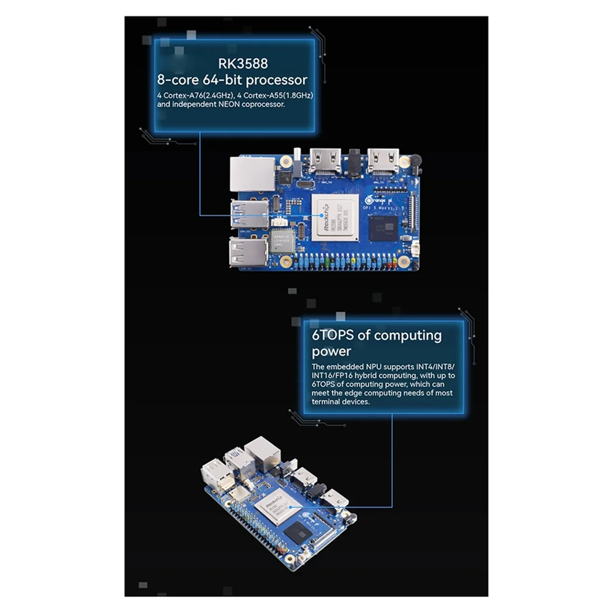 A02R dla Orange Pi 5 Max 16GB RAM LPDDR5 Development Board RK3588 2.5G LAN Wi-Fi 6E + BT 5.3 BLE 8K Decoding Single Board