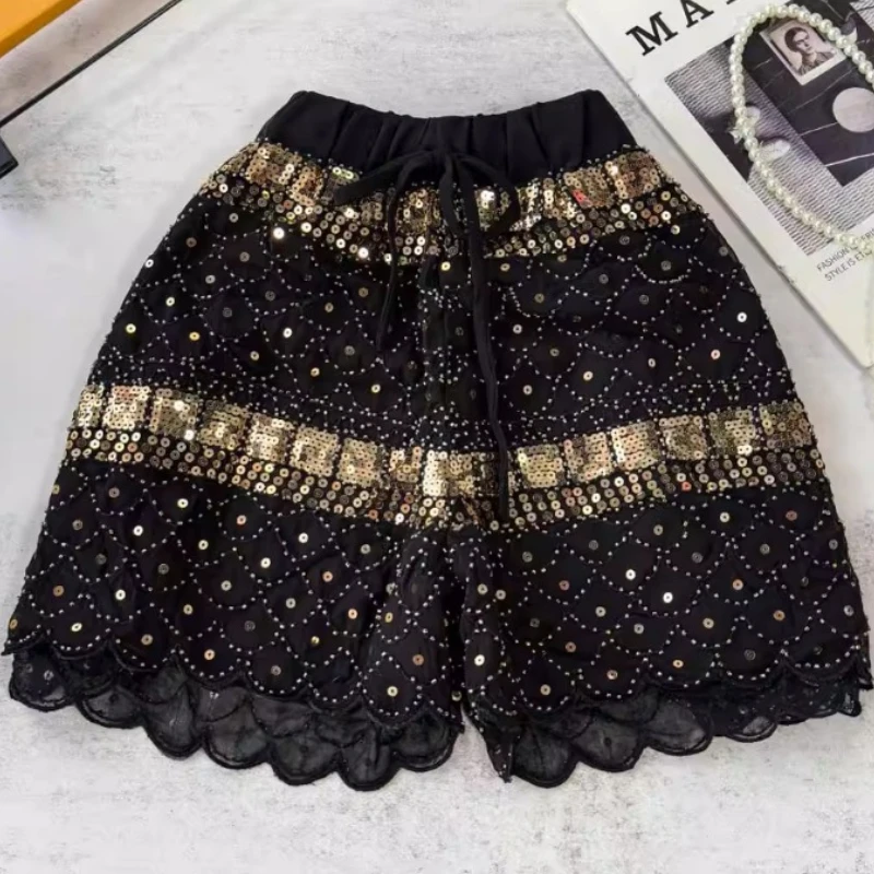 

Fashion Y2k Shorts 2025 Summer New Women Pants Elegant High Waist Slimming Wide Leg Pant Sequined Nail Bead Ruffle Edge Shorts
