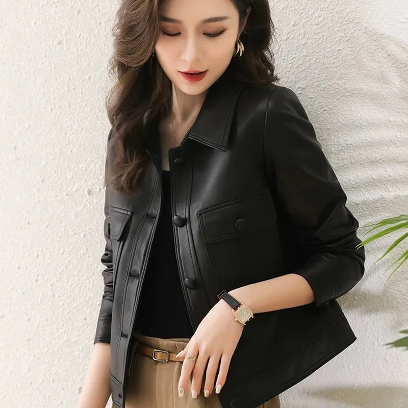 Lapel PU Leather Jacket Women 2024Spring Autumn New Coat Fashion Locomotive Goddess Overcoat High Quality Short Outerwear Female