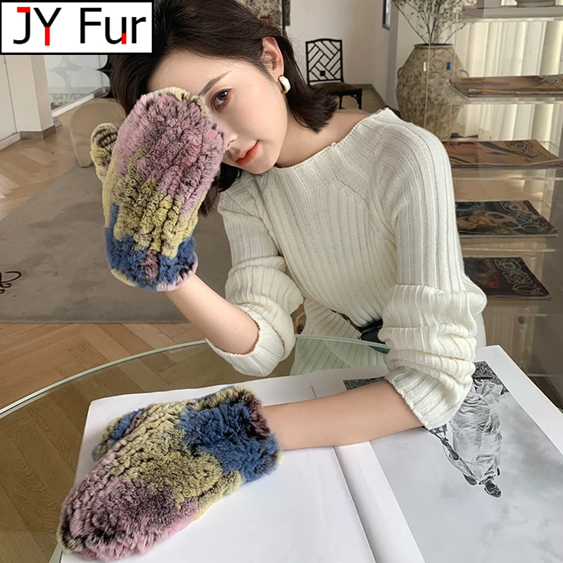 

Lady Real Fur Gloves Handmade Good Elastic Knitted 100% Natural Rex Rabbit Fur Mittens Girls Winter Warm Soft Genuine Fur Glove