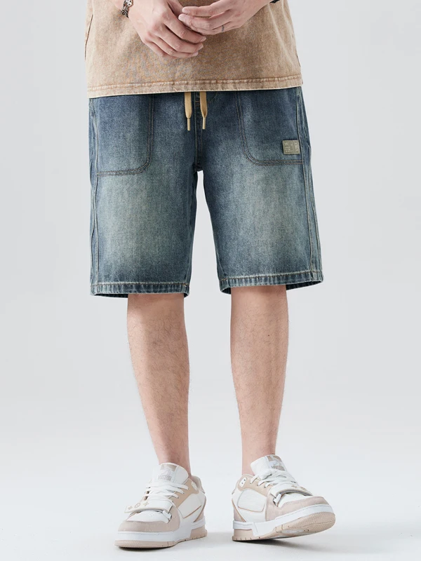 

American Sle Loose Fit Straight Leg Vintage Waed Casual Men's Denim orts Five-Quarter Length Belted Workwear Mid-Pants