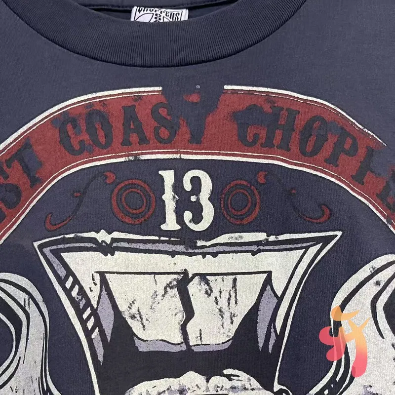 American Hip-hop Vintage Washed Navy Blue West Coast Choppers Tshirts Wrench Skull Print Round Neck Short Sleeve Men Women Tops
