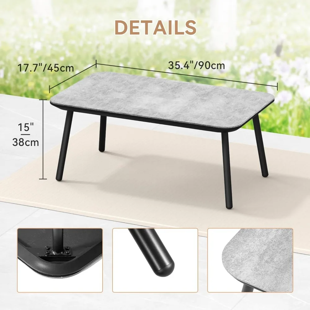 Small Rectangle Metal Patio Coffee Table for Outside, Outdoor Side Table with Marble Look Top, Café Tables