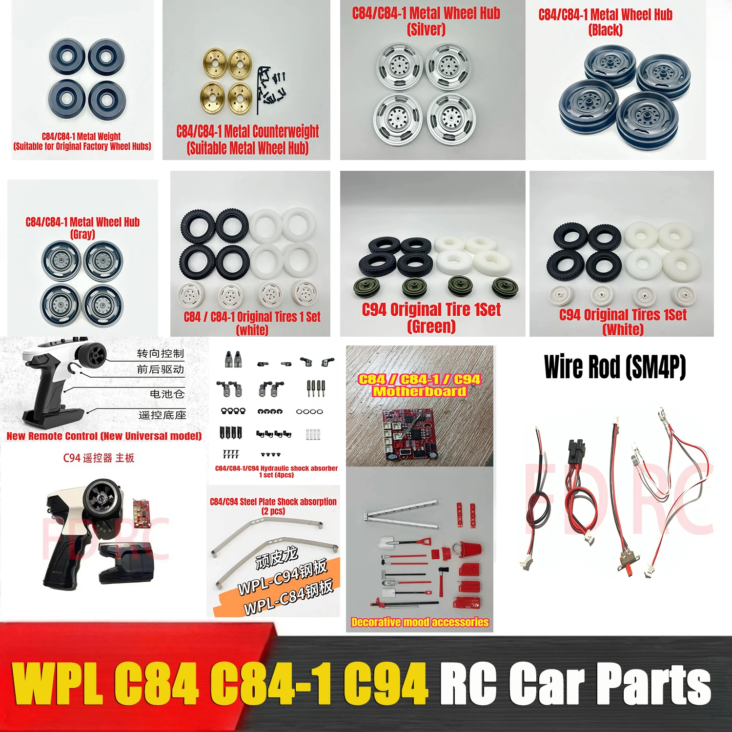 WPL C84 C84-1 C94 RC Car Parts Original Remote Control Mainboard Shock Absorber Counterweight Metal Wheel Hub Modification Parts