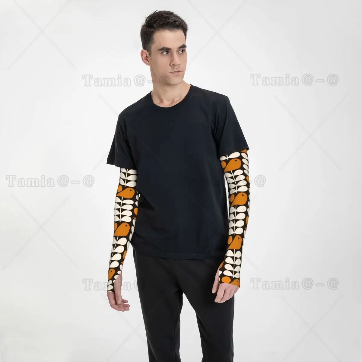 Custom Orla Kiely Scandi Sports Compression Arm Sleeves Warmer Black White Orange Multistem Birds UV Protection Tattoo Cover Up