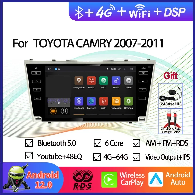 Android 12 Автомобильный GPS-навигатор Мультимедийный DVD-плеер для TOYOTA CAMRY 2007-2011, авторадио, стерео с BT WiFi Mirror Link