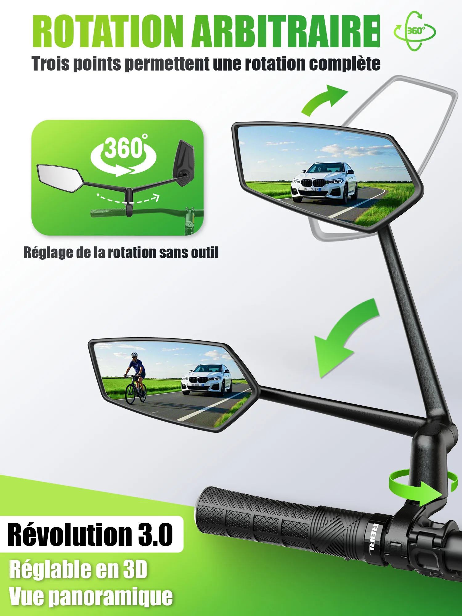 RBRL-Rétroviseur pour guidon de vélo, qualité automobile, grand angle, ultra clair, rotatif à 360 °, pour scooter électrique
