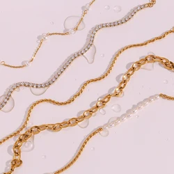 E.B.belle Stainless Steel PVD Plating Waterpoof Rhinestone Zircon Freshwater Pearl Rope Chain Gold Color Anklets For Women