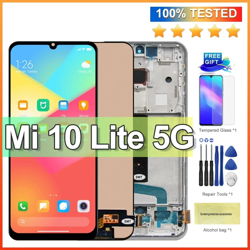 Top 100% Test Mi 10 Lite Lcd For Xiaomi Mi10 Lite Lcd Display Touch Screen Digitizer Assembly For Mi 10Lite Lcd M2002J9G 5G