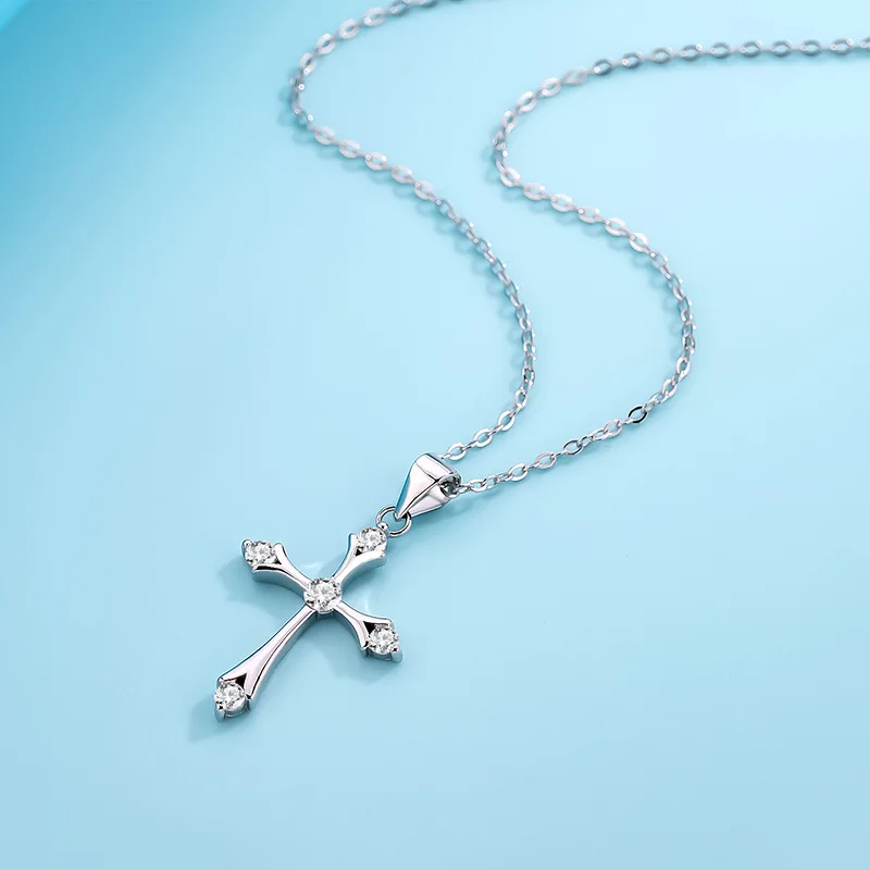 Zircon 925 Silver Cross Necklace Light Luxury Simple Versatile Pendant for Men and Women