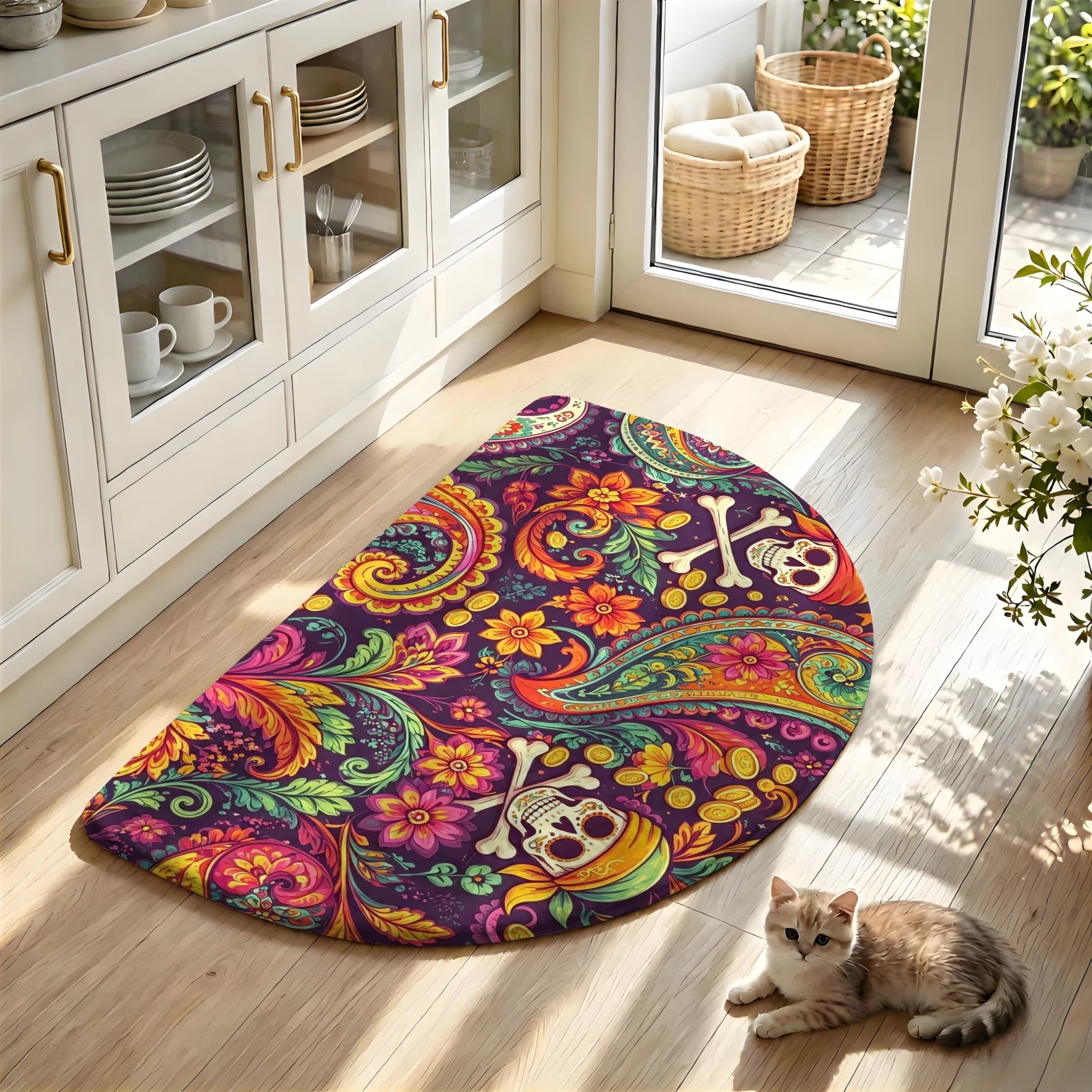 3D Printed Half round Flannel Floor Mat Slow Rebound Sponge Water Absorbing Household Door Mat Bathroom Anti-Slip