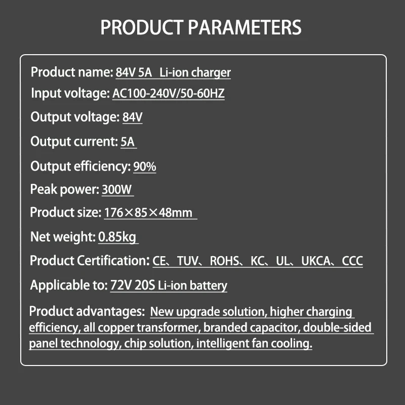72V Charger 5A 20S Lithium-ion Battery Pack Charger 84V 5A Intelligent Fast Charging EU/ US/AU/UK Plug With Cooling Fan
