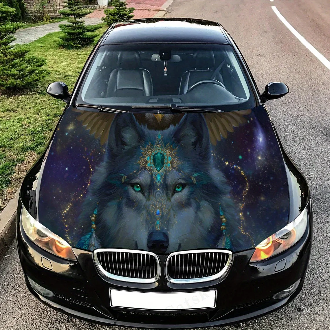 

Таинственный принт волка, наклейки на капот автомобиля, водонепроницаемая самоклеящаяся наклейка на капот автомобиля из ПВХ, защитные наклейки для украшения капота автомобиля, Au