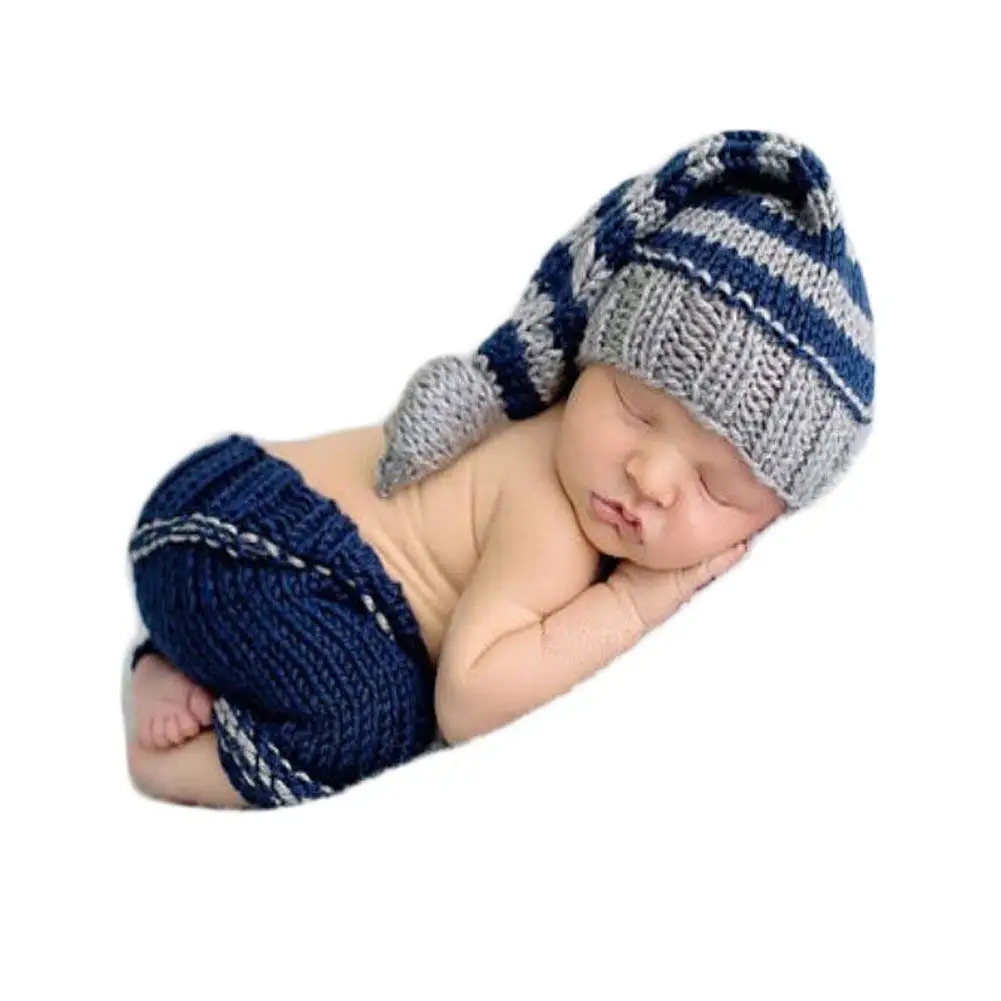 0-3M Newborn Photography Props Knit Hat Baby Photo Shoot Props Girl Boy Costume Stripe Hat Pants Overalls