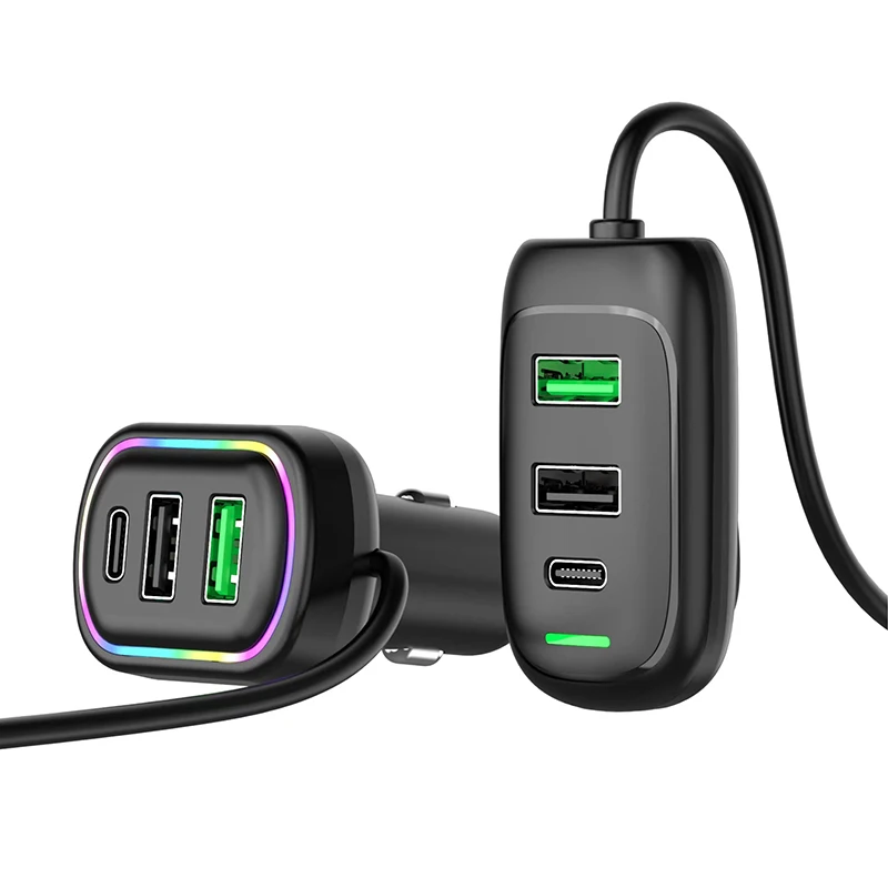 Chargeur de voiture d'extension avant et arrière USB Type-C, lumière RVB, adaptateur secteur PD, charge rapide, iPhone, tablette, ordinateur portable, 6 ports