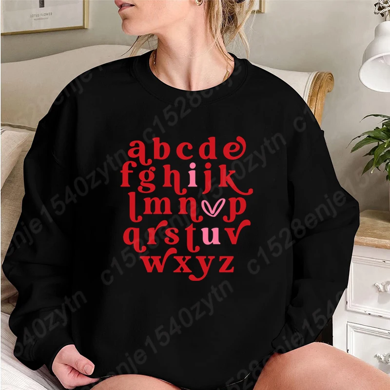 

Women Hoodless Sweatshirts Valentine's Day Alphabet Print Round Neck Autumn Winter Pullovers Ladies Casual Solid Color Pullovers