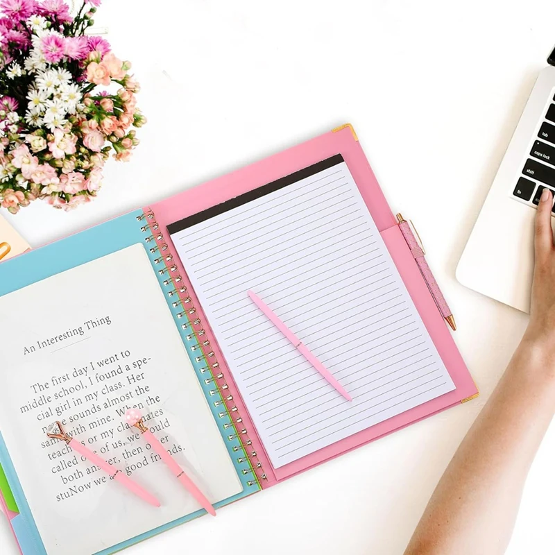 Set pulpen ปากกาลูกลื่นแผ่นจดแบบเติมได้5แผ่นแบ่งเป็น10ช่องเก็บของคลิปบอร์ดเชื่อมปากกาเพชรคริสตัลสำหรับโรงเรียน