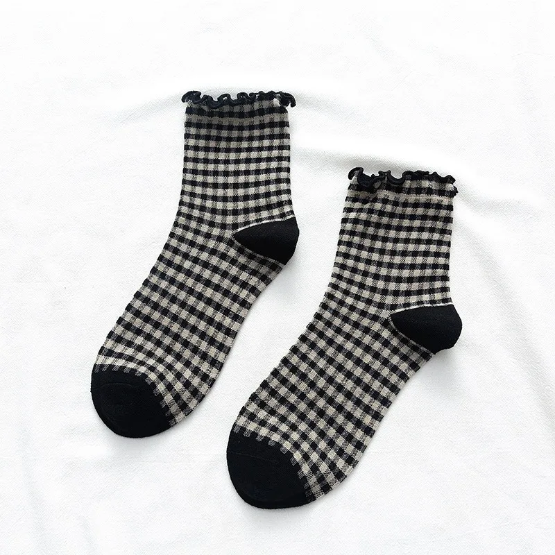 6 Paar Vintage Karierte Spitzen-Mid-Tube-Socken für Mädchen mit Bogenrand, Bunte Niedliche Kurzsocken – Detail 7