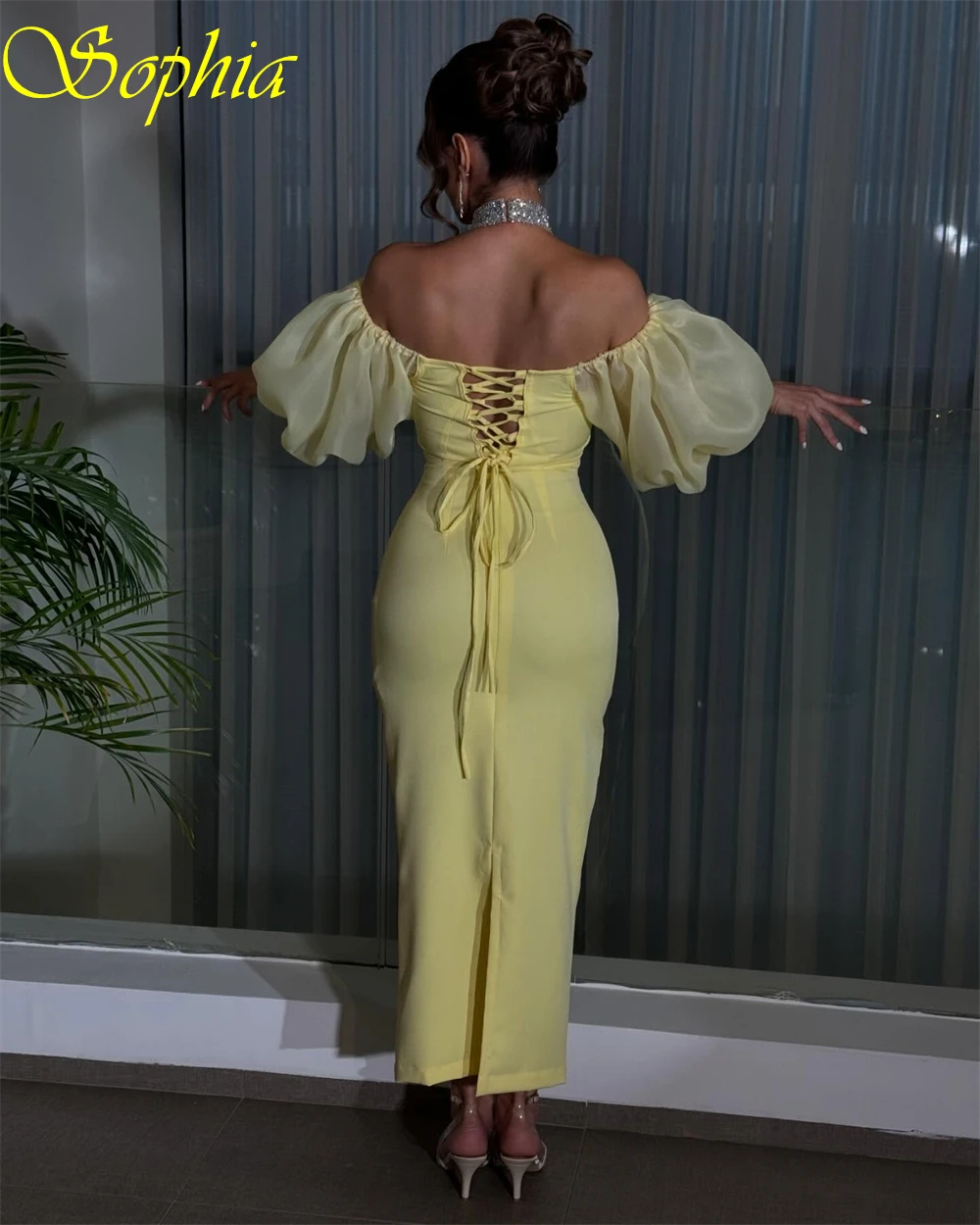 Robe de soirée en Jersey jaune, personnalisée, élégante, col licou, manches courtes, robe de soirée classique, style sirène, dos à lacets, robes de bal