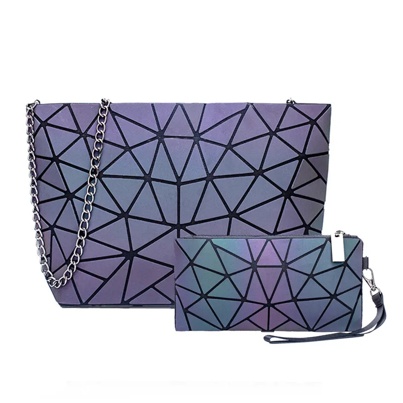 Luminous Chain Messenger Bag Set Fashion Holographic Geometric Folding Purse Women Shoulder Bag 2pcs