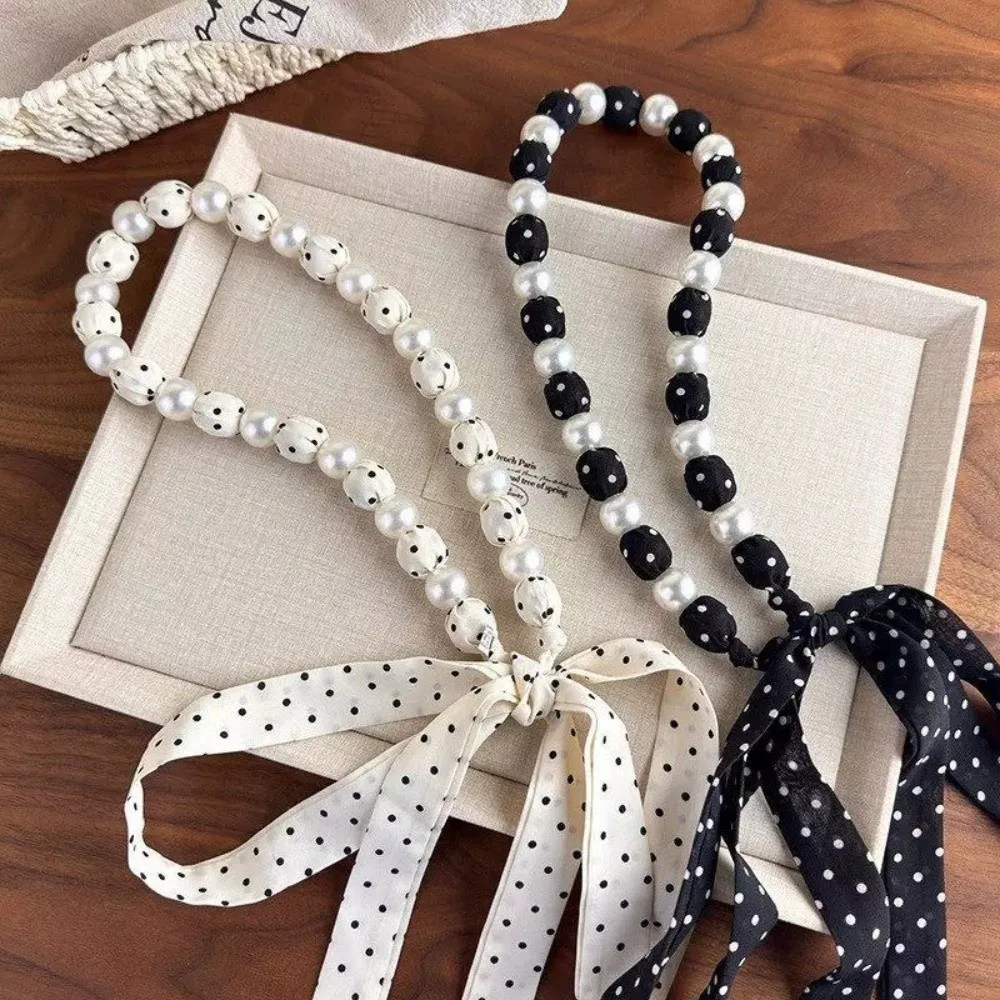 All-match Vintage Style Pearl Necklace Scarf Adjustable Hair Band Waist Chain Ribbon Sweet Polka Dots Scarf Summer Season