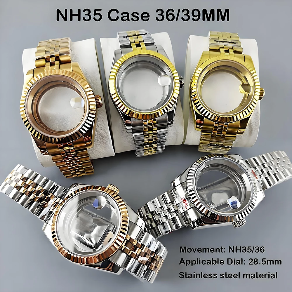 

NH 35 Case Groove curved 36MM/39MM high-quality waterproof presidential bracelet sapphire case, suitable for NH35 NH36 movement