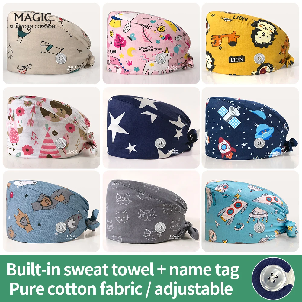 Gorro de enfermería con estampado de dibujos animados para veterinario, gorro médico para enfermera, gorro quirúrgico Unisex 100% de algodón para salón de belleza, gorro de trabajo a prueba de polvo