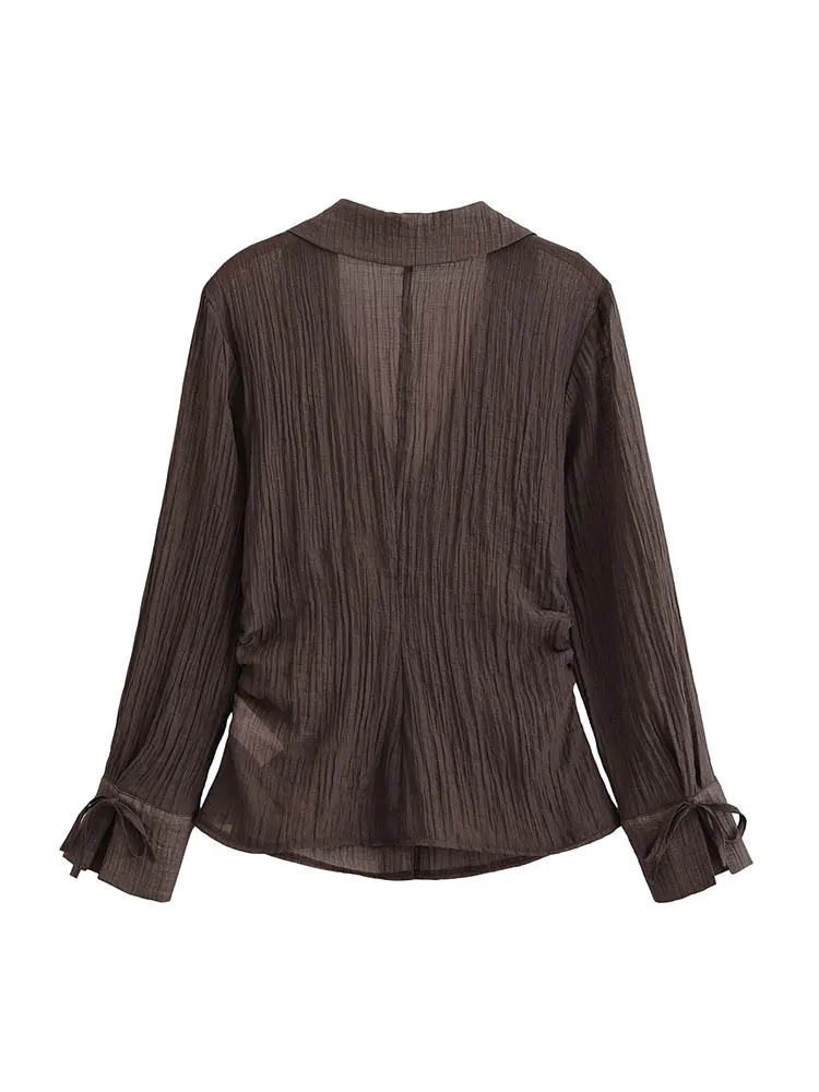 2025, Sommer-Damen-Langarm-Bogenhemd, Umlegekragen, modische Bluse, Knopf-Design, einreihiges, solides Oberteil