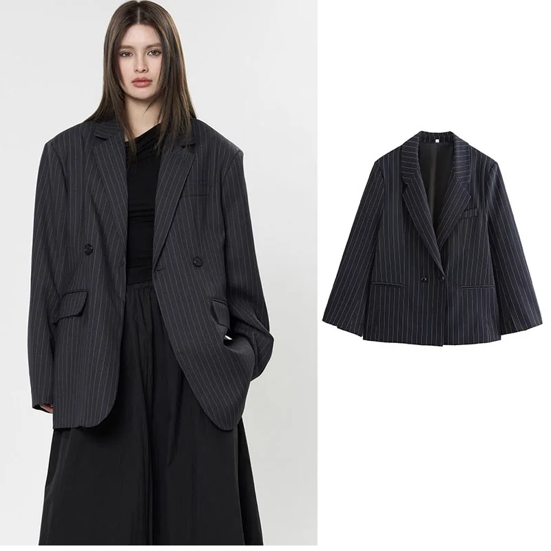 

2024, весенне-осенние женские полосатые пиджаки, модная уличная одежда, женские пиджаки, женские двубортные пальто с лацканами, шикарная верхняя одежда