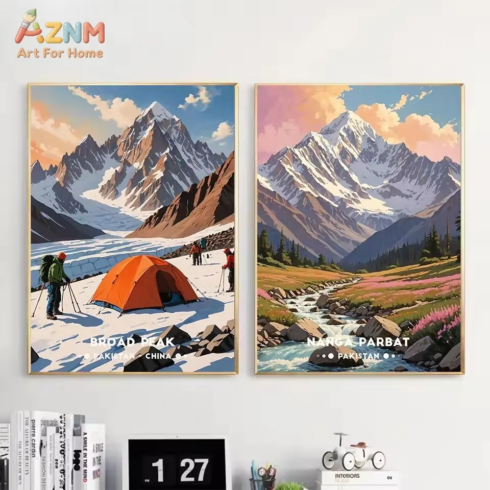 AZNM Vintage Himalaya Snow Mountain Canvas Poster Frameless Wall Art Everest K2 Mountain Climbing Camping Landscape Print For Li